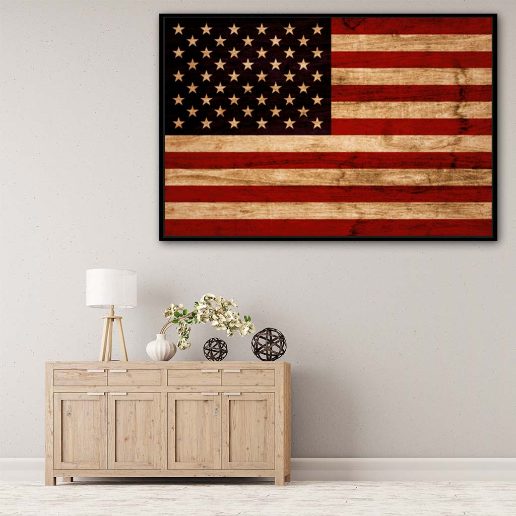 Rustic American Flag Silhouette Canvas Wall Art Print - Canvas Black Frame
