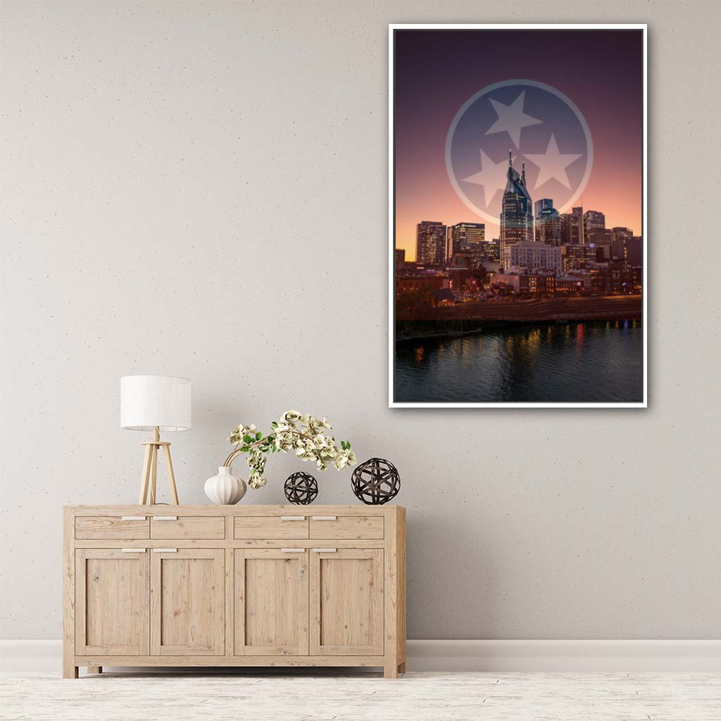Nashville Skyline Tri Star Canvas Wall Art Print - White Frame