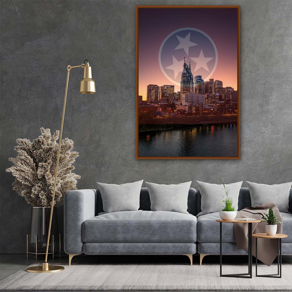 Nashville Skyline Tri Star Canvas Wall Art Print - Pecan Frame